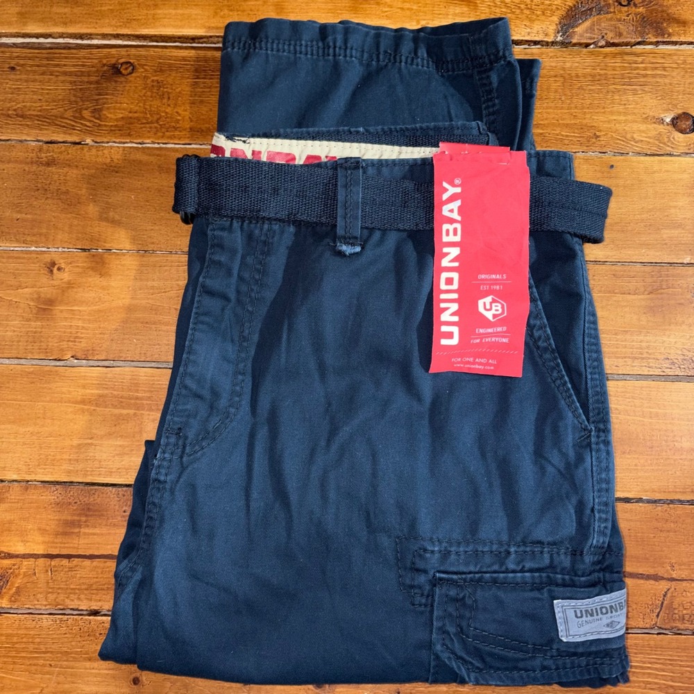 Unionbay Cargo Pants Mens 40x32 Navy Blue Belted Cotton Gorpcore Heavy Duty NEW